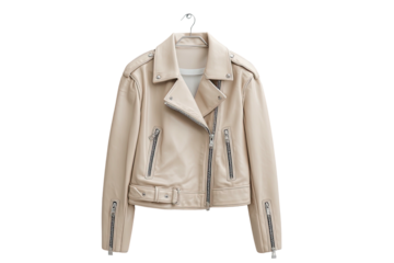 Beige leather jacket hangs on hanger; asymmetrical zipper