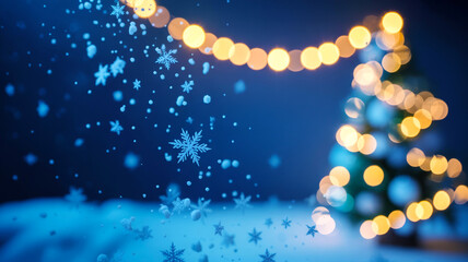 A softly focused winter scene featuring falling snowflakes and blurred christmas lights against a dark blue background