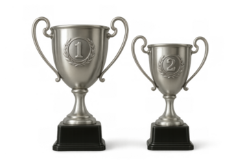 Silver trophy cups winning first and second place awards, symbolizing success, achievement, and competition, isolated on transparent background