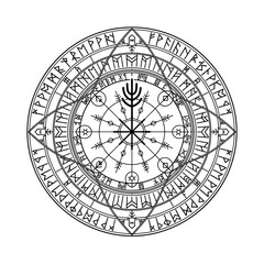 Intricate circular Norse rune compass with a central Vegvisir symbol and geometric patterns.