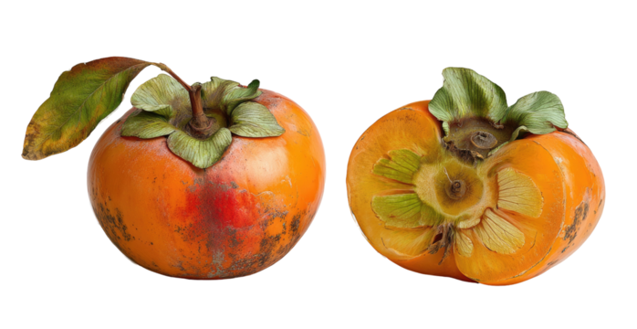 Whole and halved orange fruit with green stem and sepals