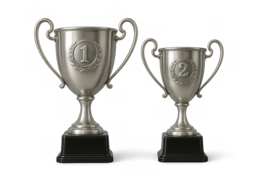 Silver trophy cups winning first and second place awards, symbolizing success, achievement, and competition, isolated on transparent background