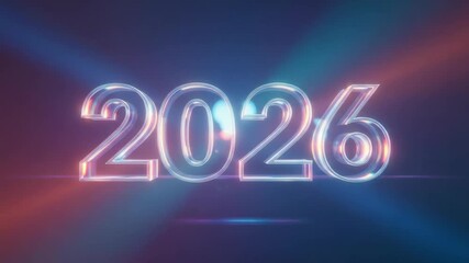 The year 2026 in shiny, glassy 3D numerals. Vertical futuristic animation with glowing neon light beams and lens flares. New Year's celebration background - Powered by Adobe
