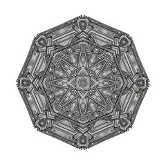 Intricate Octagonal Metallic Mandala with Geometric Patterns and Symmetrical Design.