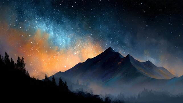 Colorful pastel mountains rising above dreamy clouds under a sparkling starry night sky fantasy landscape background illustration - Powered by Adobe
