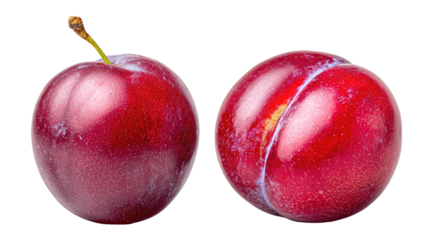 Two ripe, deep red plums with a slight sheen, isolated on black