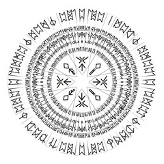 Black and white circular illustration of ancient Scandinavian runic symbols in a mystical pattern.
