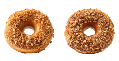 Two glazed donuts topped with crunchy brown crumbs