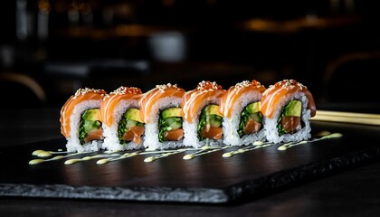 Delicious salmon avocado sushi rolls artfully presented on a dark slate board for a gourmet dining experience