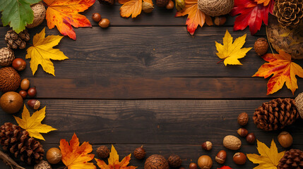 Autumn background with colorful fall leaves, pinecones, and acorns on a dark rustic wooden table, top view with copy space.
