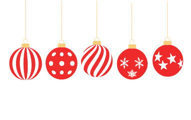 Hanging Red Christmas Balls Vector Set. Simple Flat Xmas Ornaments with Stripes, Dots, Snowflakes, and Stars Patterns. Holiday Decoration Banner Element.