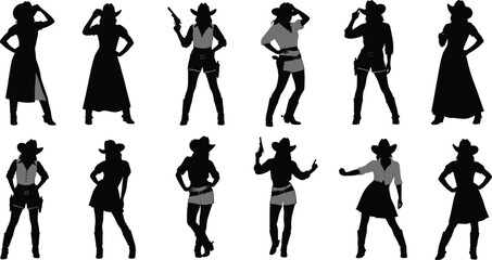 Cowgirl western woman silhouette collection, showing traditional style, wild west, feminine power, confident pose, gun, and American frontier heritage on white