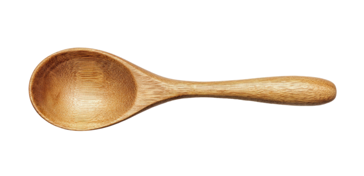 A single wooden spoon, light brown, with a rounded scoop and handle