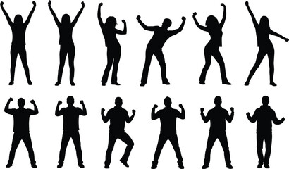 Excited people cheering with raised hands silhouette set, celebrating success, victory, achievement, happiness, joy, freedom, and party atmosphere on white background