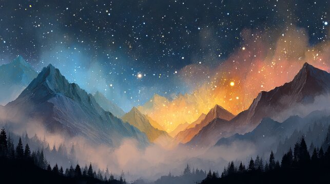 Colorful pastel mountains rising above dreamy clouds under a sparkling starry night sky fantasy landscape background illustration