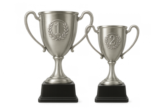 Silver trophies for first and second place winners, symbolizing achievement, success, and competition on transparent background