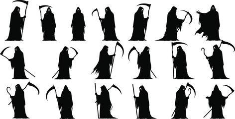 Grim Reaper silhouette collection, death figure poses, scythe icon set, spooky Halloween clipart, horror character bundle, dark cloak illustrations