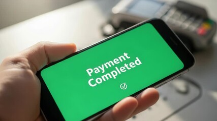 A successful mobile payment completed on a smartphone screen. Contactless transaction using a digital wallet app. Modern financial technology concept - Powered by Adobe