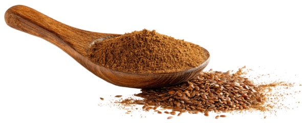 Wooden spoon with ground seeds and whole seeds on black background