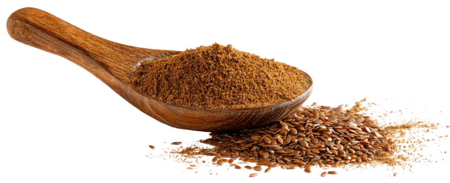 Wooden spoon with ground seeds and whole seeds on black background