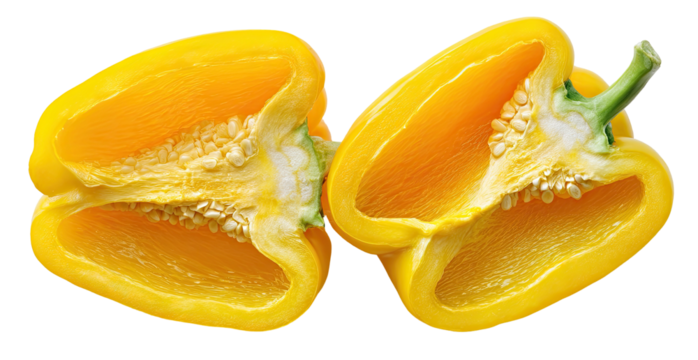 Bright yellow pepper cut in half, revealing seeds and interior