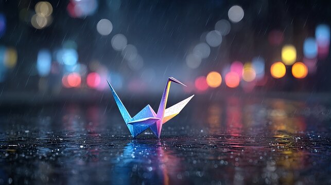 Colorful origami crane glowing under neon rain at night, cyberpunk paper bird art in moody futuristic city lights