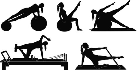 Woman Fitness Pilates Exercise Silhouette Set Core Strength Training Stability Ball Reformer Apparatus Healthy Lifestyle Body Workout Flexibility Wellness Determination