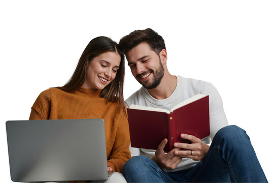 Smiling young couple sitting together on a sofa using a laptop computer at home - Powered by Adobe