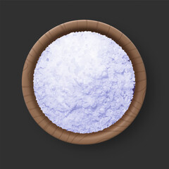 Realistic salt pile in the bowl top view on grey, 3d vector white natural mineral grains, cooking ingredient