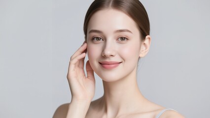 White Woman with Clear Complexion Touching Face on White