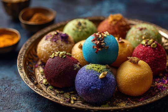 Colorful Indian Sweets or Laddoos Decorated with Nuts and Spices on a Brass Plate mithai dessert