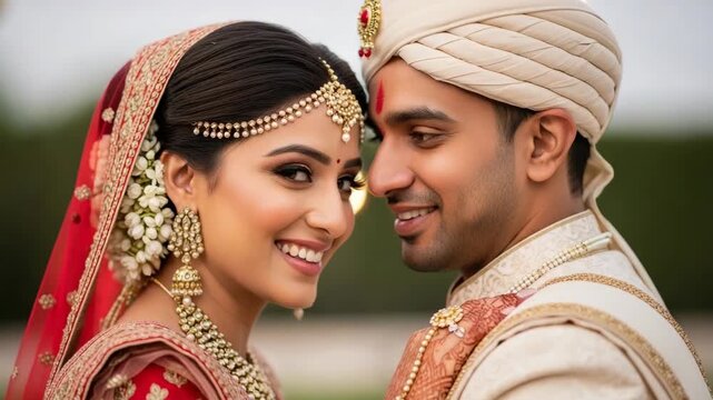 Portrait of a happy Indian wedding couple. Bride and groom in traditional attire smiling at each other. Love and marriage celebration concept.