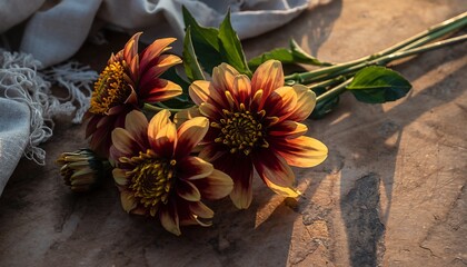 Vibrant red and yellow dahlia flowers bathed in warm golden hour light on a rustic surface.