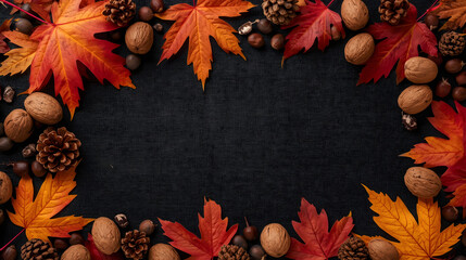 Autumn frame with colorful maple leaves, walnuts, pinecones, and hazelnuts on a dark textured background, creating a cozy fall border.