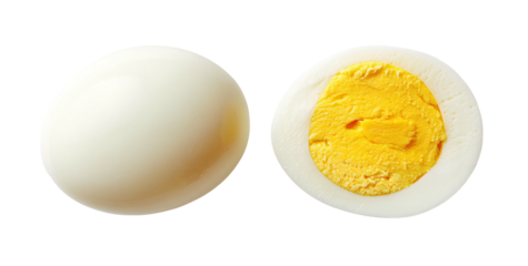 Whole and halved cooked egg, showing white and golden yolk
