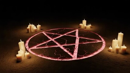 A glowing red pentagram surrounded by flickering candles. Occult ritual for a satanic or esoteric ceremony. Dark and mysterious vertical video animation. - Powered by Adobe
