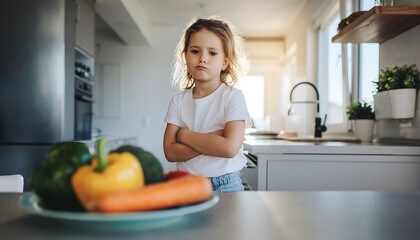 Grumpy little girl with crossed arms refusing healthy vegetables in a bright kitchen