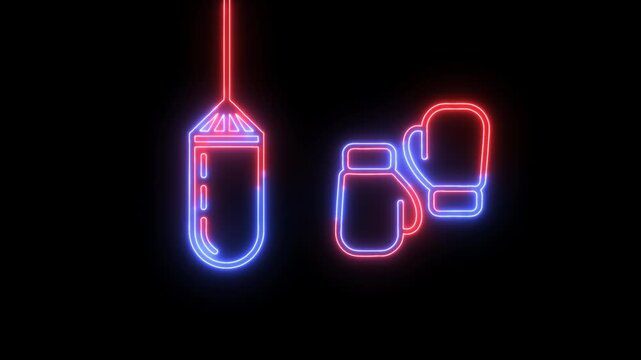 Neon Boxing Icons Punching Bag and Gloves in Red and Blue. Animated, isolated on  alpha channel transparency