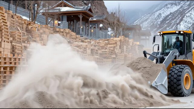 A large yellow and gray construction vehicle is dumping dirt onto a pile of wood. The scene is set in a mountainous area with snow-covered hills in the background