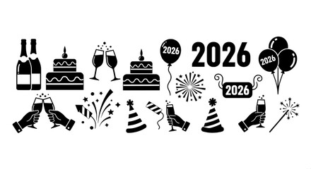 New year 2026 celebration icon set