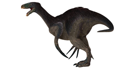 Illustration of a ferocious therizinosaur dinosaur.