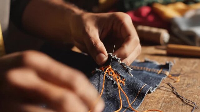 A close view of skilled hands stitching denim fabric with bright thread on a wooden workspace seamless looping time-lapse 4k video background. Craft concept
