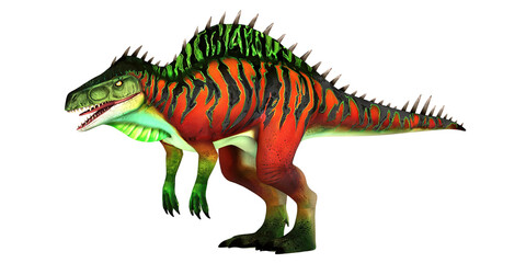 Colorful illustration of a spinosaurus dinosaur.