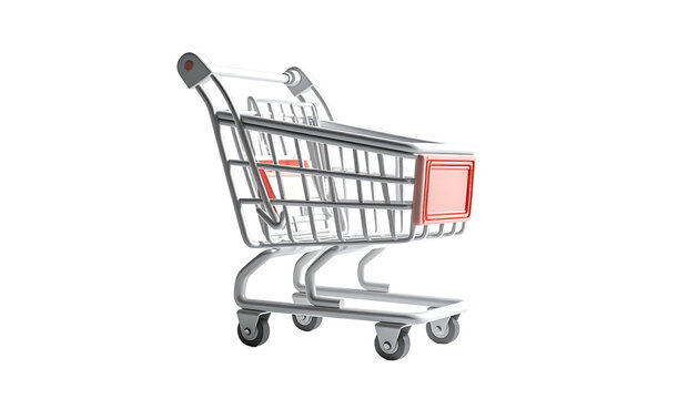 Silver shopping cart angled right, against a black background
