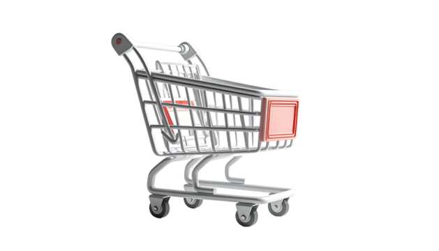 Silver shopping cart angled right, against a black background