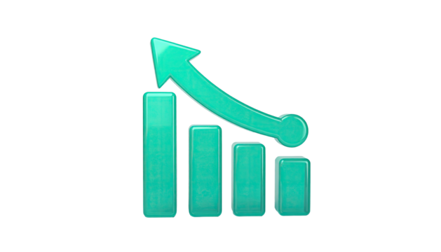 Cyan upward bar graph with a rising arrow on a black backdrop