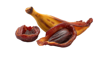 Ripe banana and dried fruit halves on black background