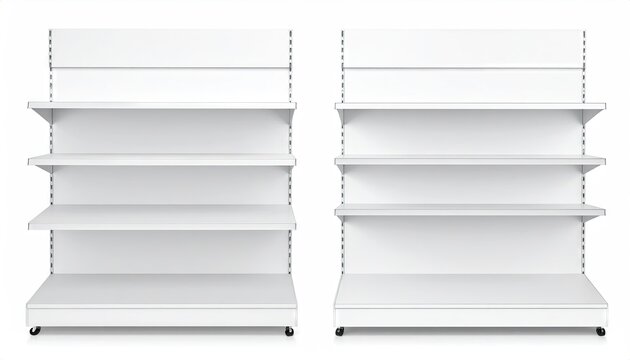 Two empty, white retail shelves with three tiers