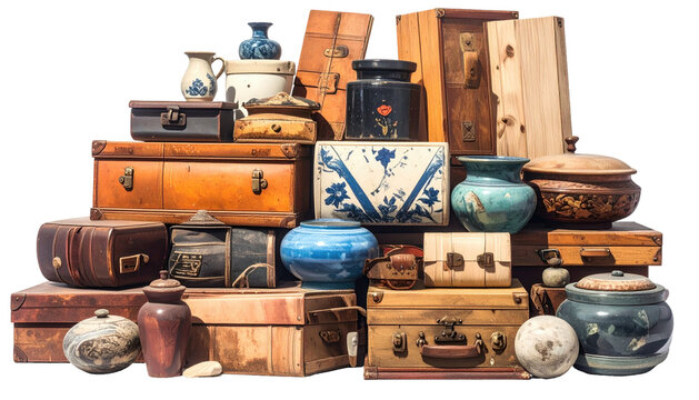 Stacked vintage suitcases, boxes, and ceramic containers