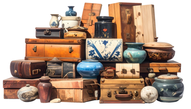 Stacked vintage suitcases, boxes, and ceramic containers